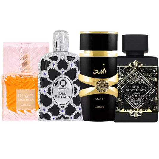 Conjunto de 4 perfumes | Asad, Oud For Glory, Khamrah, Oud Saffron