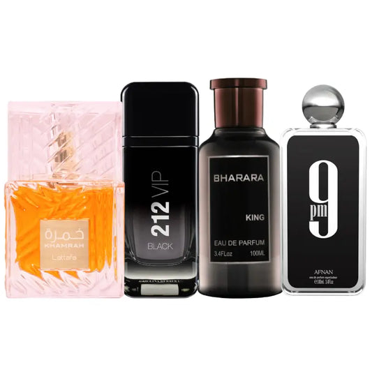 Conjunto de 4 perfumes | 9pm, King, Khamrah, 212 Black Vip