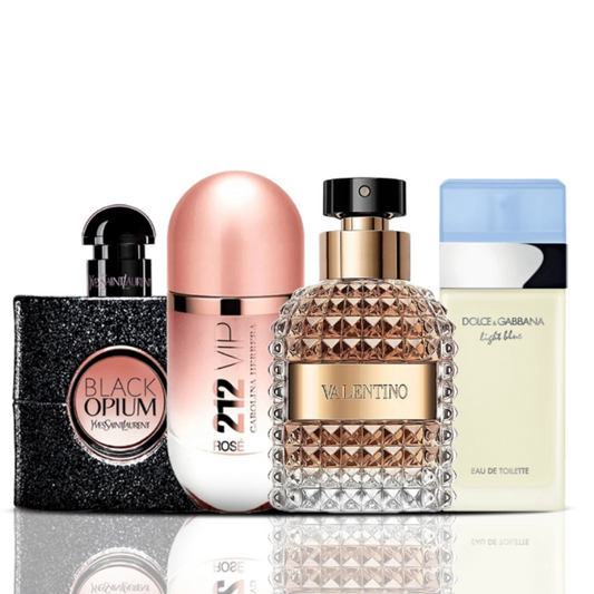 Conjunto de 4 perfumes | Black Opium + 212 VIP Rose + Valentino + Dolce & Gabbana Light Blue 100 ml