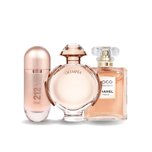 Conjunto de 3 perfumes | Carolina Herrera 212 VIP ROSÉ, Paco Rabanne OLYMPÉA a Chanel COCO MADEMOISELLE 100 ml