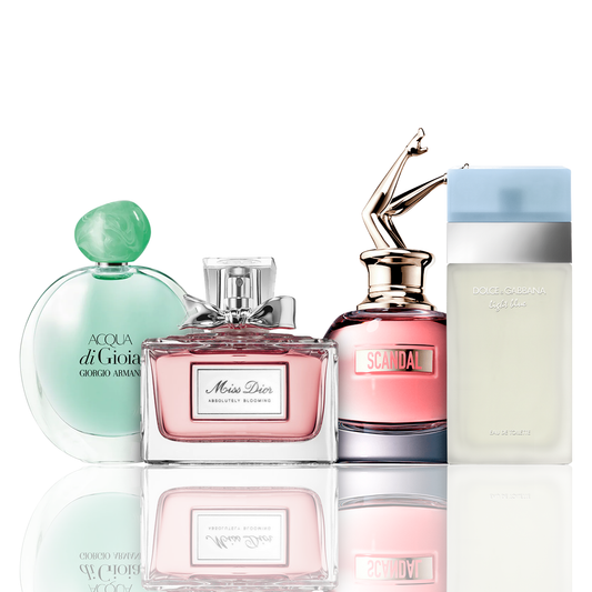Conjunto de 4 perfumes | Acqua di Gioia, Light Blue, Scandal, Miss Dior 100 ml